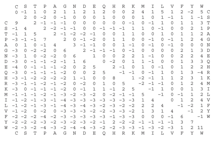 Figure 27.6 - Amino acid scoring matrix.