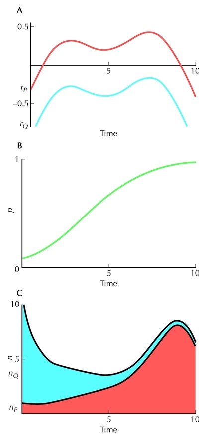 Figure 28.6 - Provided that the difference in fitness between alleles, rP – rQ, stays the same (as in A), the allele frequency P follows the standard sigmoid curve over time (B) and is not affected by changing population size, n = nP + nQ (C).